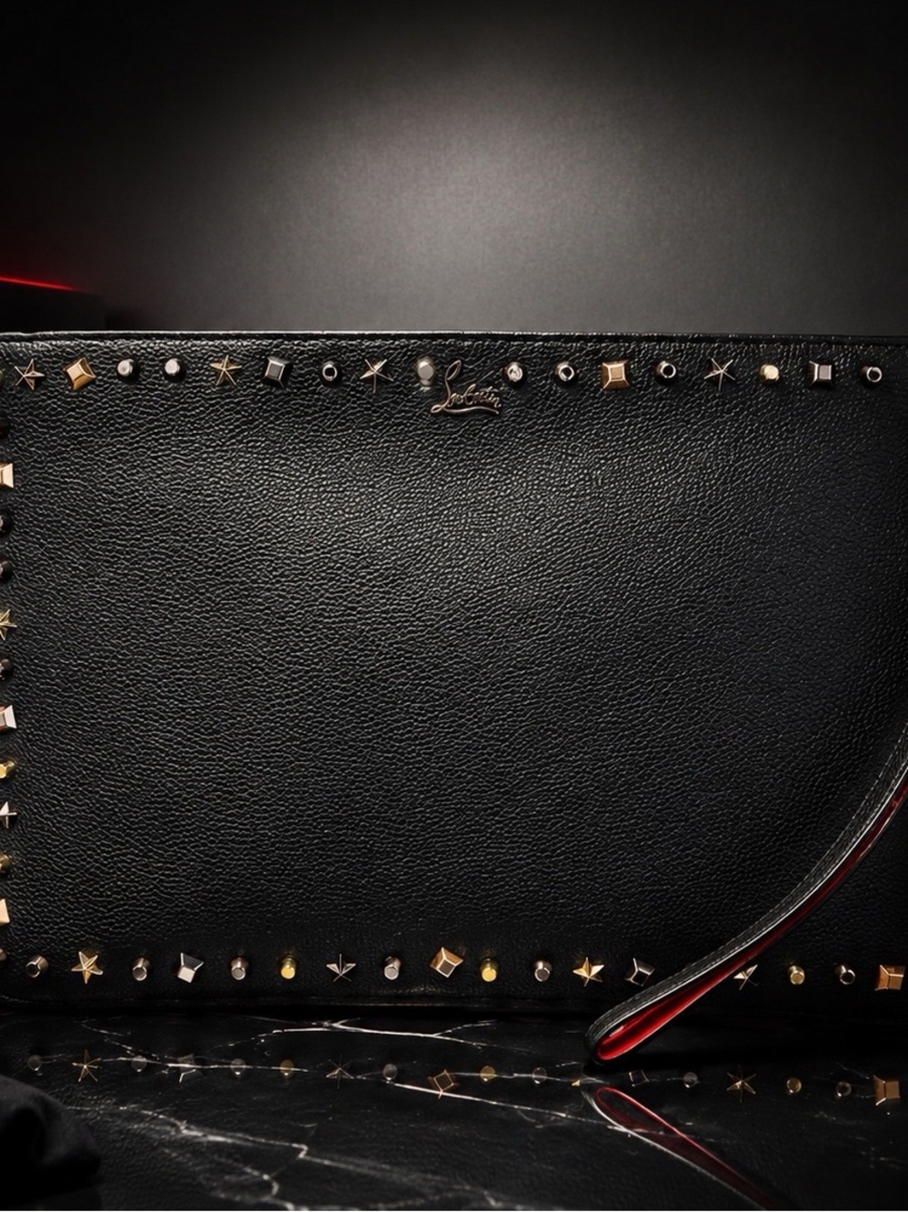 Christian Louboutin Black Studded Leather Wristlet Clutch Chain Pouch Black Red - Picture 3 of 9